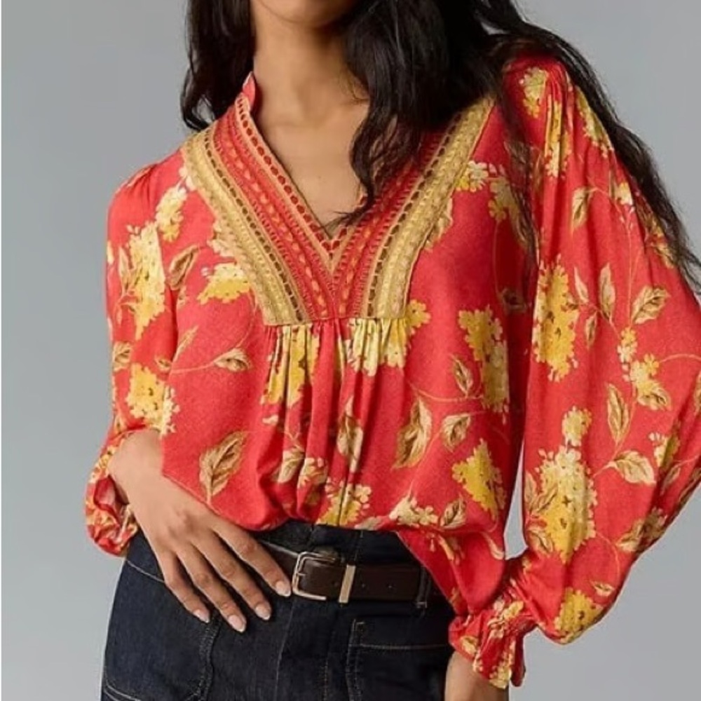 ANTHROPOLOGIE Bl-nk London Stephanie Top Red Floral Peasant Boho XS NWT